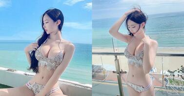 “美丽模特”度假放鬆，“浑圆的美乳”比海景还诱人！